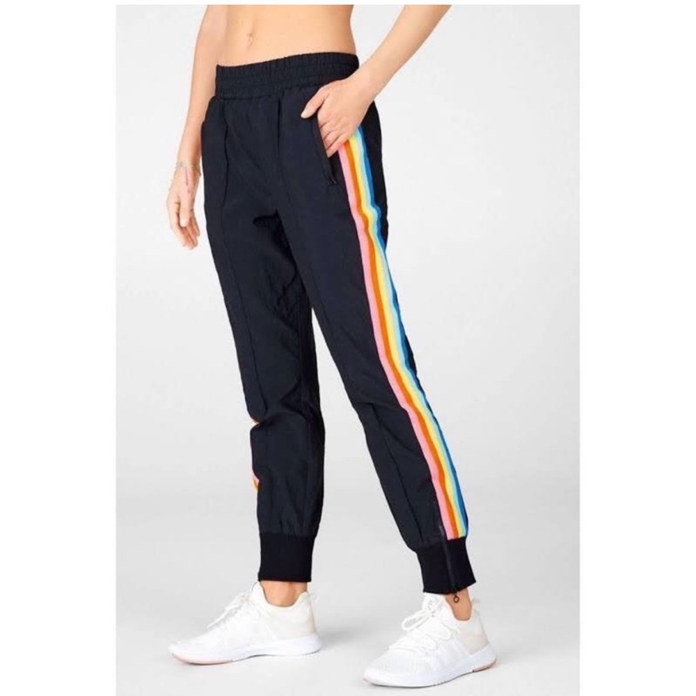 Fabletics Women's Carol Rainbow Pride Black Y2K Parachute Joggers EUC XL